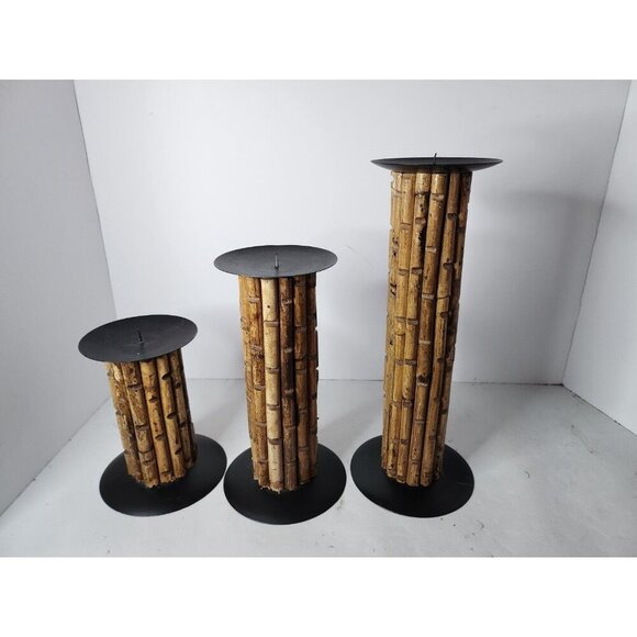 Vintage Tall Cylinder Bamboo Votive Candle Holder Set Of Three Rustic Bohemian - Picture 6 of 11